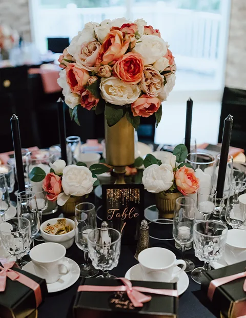 Flowers adorn a table in the Glass Room